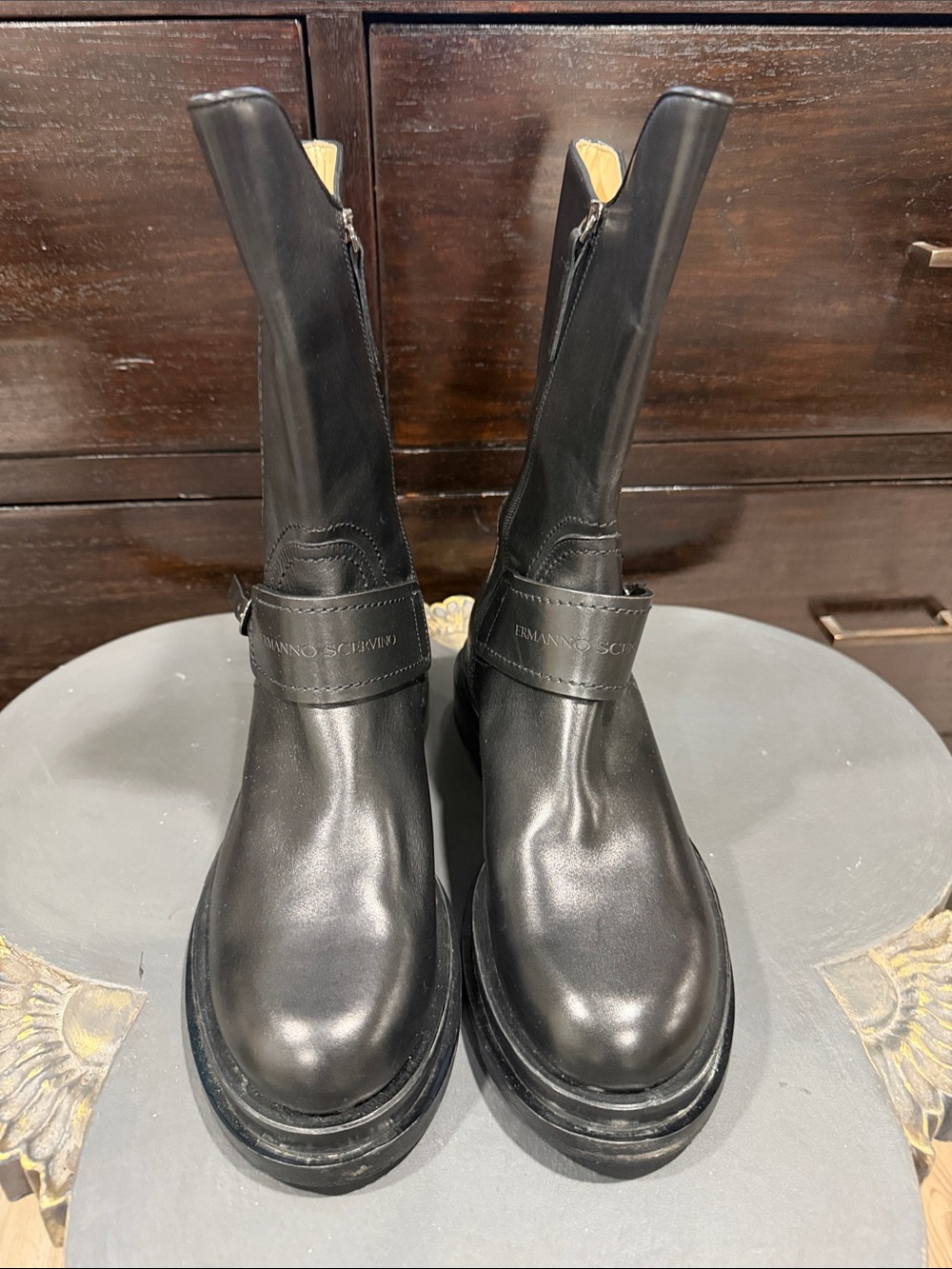 Ermanno Scervino Black Leather Pull-On Mid-Calf Boots